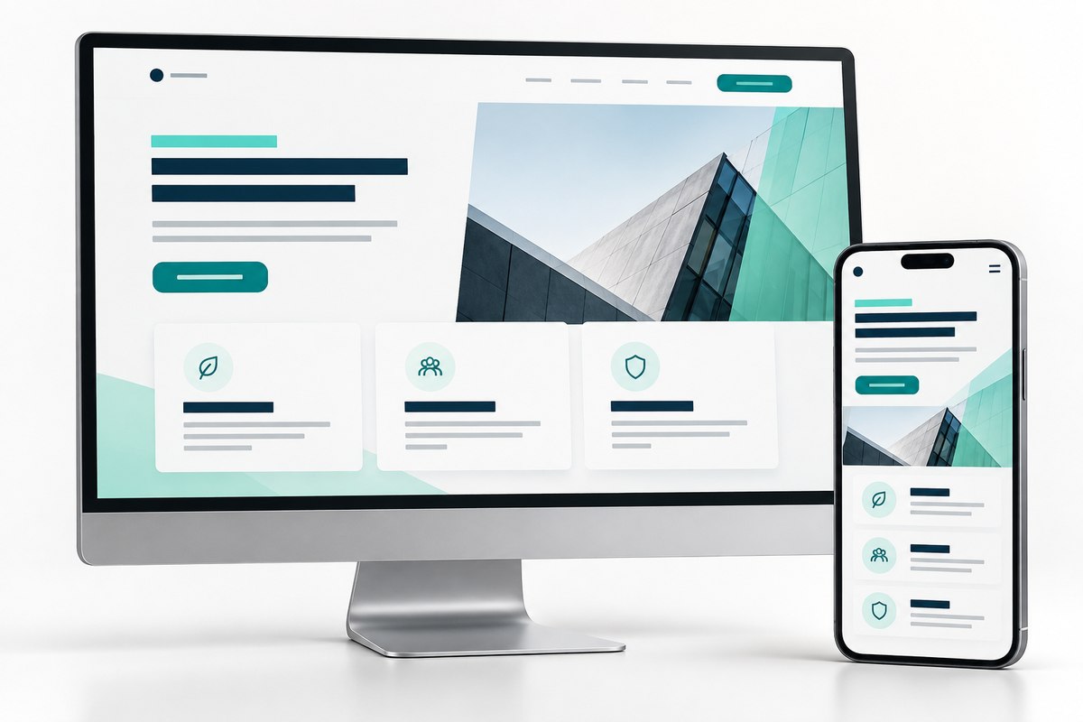 Designbeispiel einer Landingpage mit klarer Angebotsstruktur und Kontaktbutton auf Desktop und Smartphone